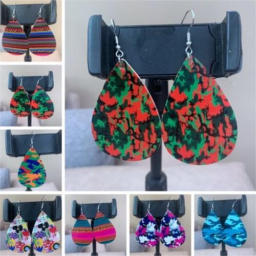2021 New Colorful Camouflage Earrings Double Side Print Faux Leather Teardrop Earrings Fashion 8 Styles Stock Wholesale