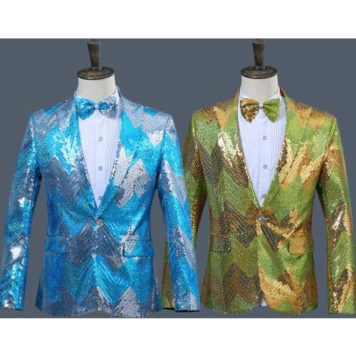 New Men Gradual Blue Green Sequins Shiny Party DJ Singer Stage Show Suit Jacket Wedding Prom Performance Blazer Design