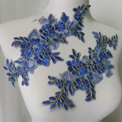 One Pair 25*11cm Luxury Royal Blue Corded Lace Applique Neckline Lace Collar Sewing Craft DIY Accessories