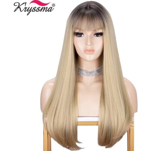 Kryssma Long Ombre Brown Blonde Wigs For Natural Straight Wig Women Synthetic Wigs With Bangs Mixed Black Cosplay Wigs Heat Hair