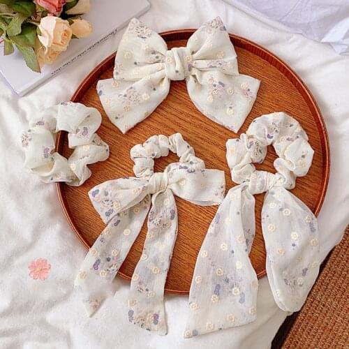 Sweet Flowers Bow Scrunchies Barrettes Hair Accessories Women Elastic Hair Ring Hair Tie Hair Clips Ponytail Holder Rubber Band