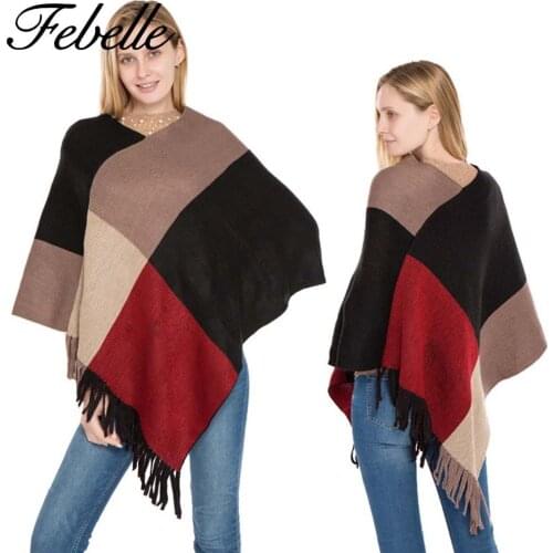 Febelle Winter Women Scarf Cashmere Coloured yarn Plaid Cloak Poncho Hoodie Cape Cardigan Warm Coat Sweater Outwear