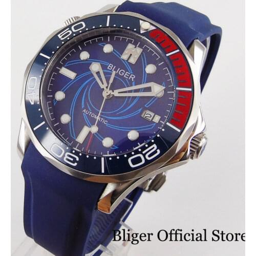 Blue BLIGER Mechanical Men Watch Sapphire Glass MIYOTA Movement Date Indicator Rubber Band