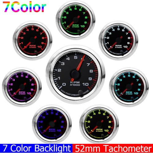 52MM Tachometer Racing Gauge 7 Color Backlight 0-10000RPM Tacho Meter For 4 6 8 Cylinders 12V Gasoline Car Gauge Holder Pod