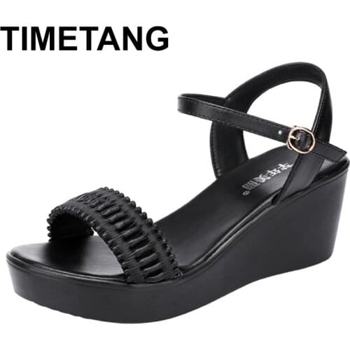 TIMETANG Middle Heel Sandals Women Summer Platform Wedges Heel White Black Ladies Shoes Comfortable Peep Toe Women Wedges