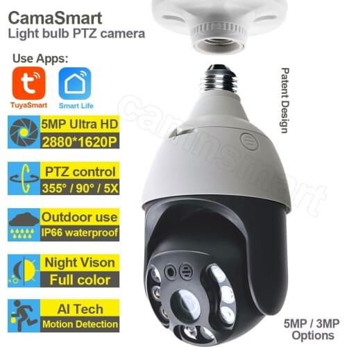 Camnsmart 5MP Tuya Smart Life Outdoor Bulb Lamp Camera Wifi IP PTZ IR Night Vision Home Security Auto Track Video Surveillance