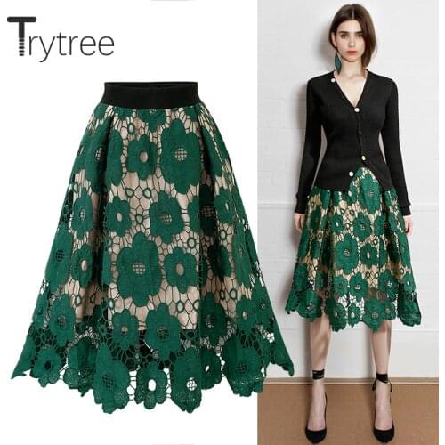 Trytree Summer Autumn women Lace Floral skirt Casual Polyester Elastic Waist Ruffled Hem Skirt Fashion A-line Knee-Length skirts