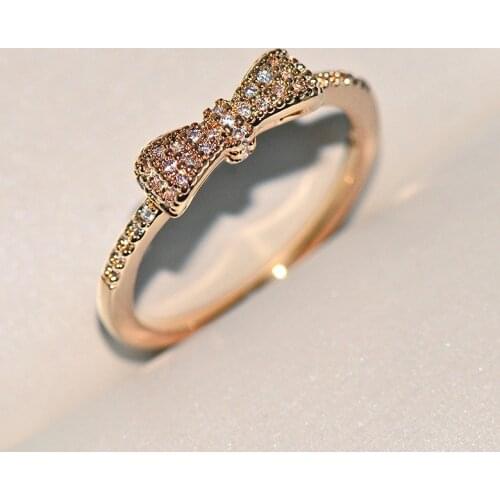Cute Gold Bowknot Bow Rings with Zircon CZ Stone for Women Fashion Wedding Engagement Jewelry 2019