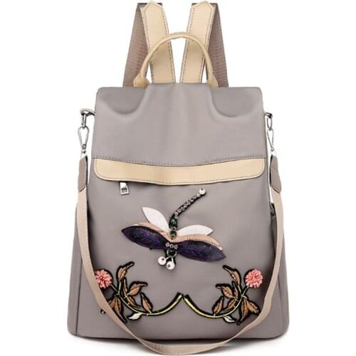 3D Dragonfly Embroidered Anti-Theft Ladies Backpack Nylon Student Backpack Casual Outdoor Travel Bag