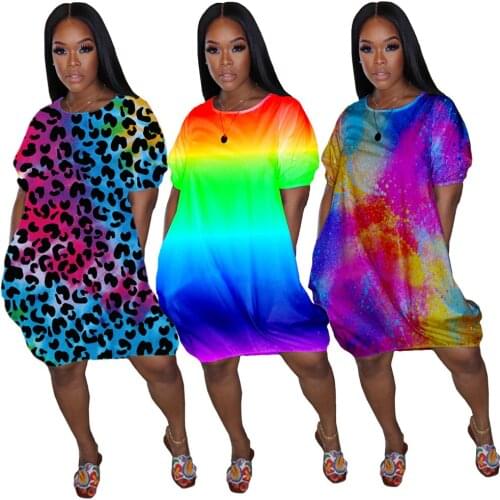 S-5XL 2021 summer plus size women clothing casual printing o neck short sleeve mini dress with pockets Wholesale Dropshipping