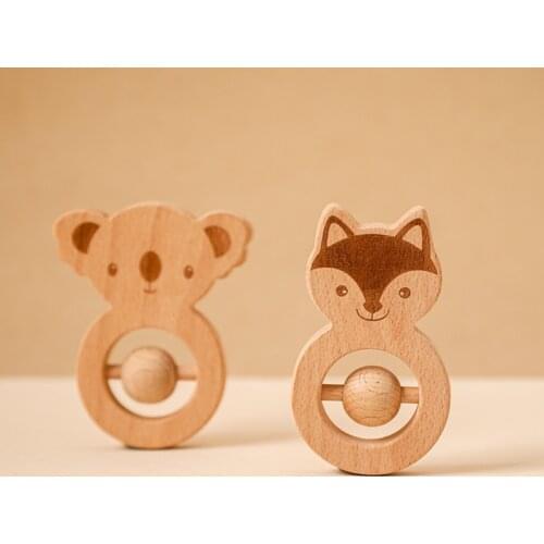 1Pc Baby Wooden Rattle Beech Cartoon Animal Hand Teething Wooden Makes A Sound Montessori Educational Toy Attract Attention Gift