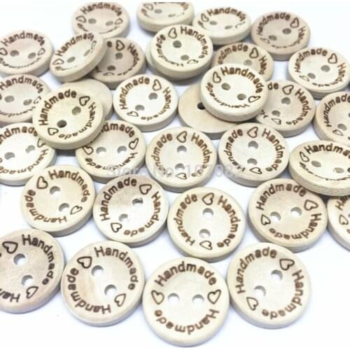 1000pcs 15mm Natural Wood Buttons Engraving "handmade" Sewing 2 Holes Round Button Embellishments Scrapbook Crafts