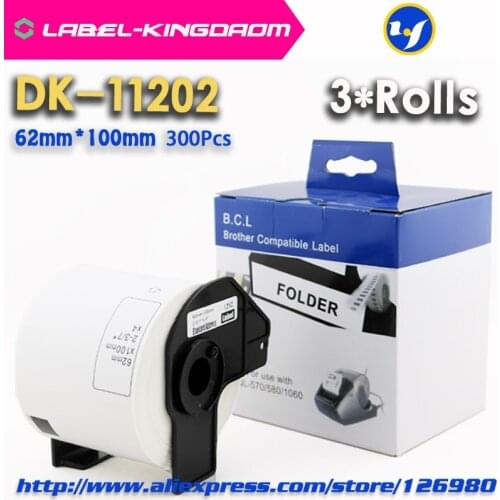 3 Rolls Compatible DK-11202 Label 62mm*100mm Compatible for Brother Label Printer All Come With Plastic Holder 300Pcs/Roll