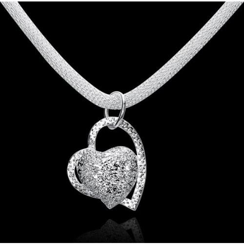 Fashion 925 Sterling Silver Necklace For Women Jewelry Net Chain romantic Frosted Double Heart Pendant Christmas gifts Wedding