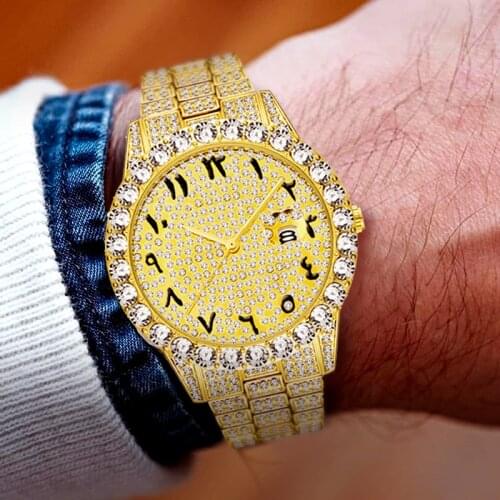 Dropshipping Mens Quartz Wrist Watch Diamond Luxury Gold Waterproof Diamante Clock For Men Calendar Watches Men Original Gifts
