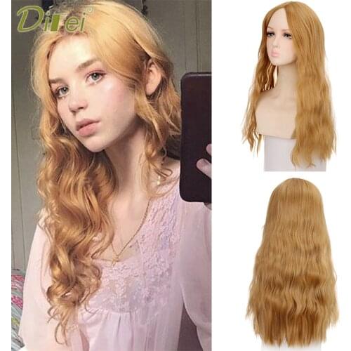 DIFEI High Temperature Hair Synthetic Long Wavy Wig Without Bangs Cosplay Wig Female Heat-resistant Blond Wig