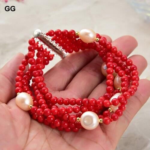 GuaiGuai Jewelry 8'' 6 Rows Pink Keshi Pearl Round Red Coral Bracelet For Women