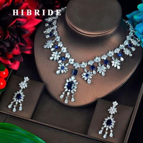 HIBRIDE Luxury Clear And Blue Full Cubic Zircon Pendientes Jewelry Set Cluster Tassel Brincos Bijoux Party Necklace Set N-630
