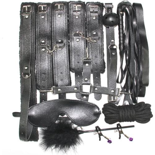 10 Pcs/set Sex Products Erotic Toys for Adults BDSM Sex Bondage Set Handcuffs Nipple Clamps Gag Whip Rope Sex Toys For Couples