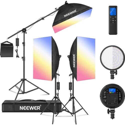Neewer RGB LED Softbox Lighting Kit: 3-Pack 48W Dimmable LED Light Head with Softbox, Stand and Boom Arm for Studio Photography