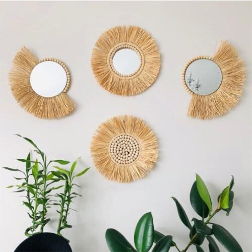 Moroccan Handmade Wooden Beads Straw Woven Mirror Home Bath Room Kids Room Hanging Decoration Make Up Mirrors Homestay Ornaments