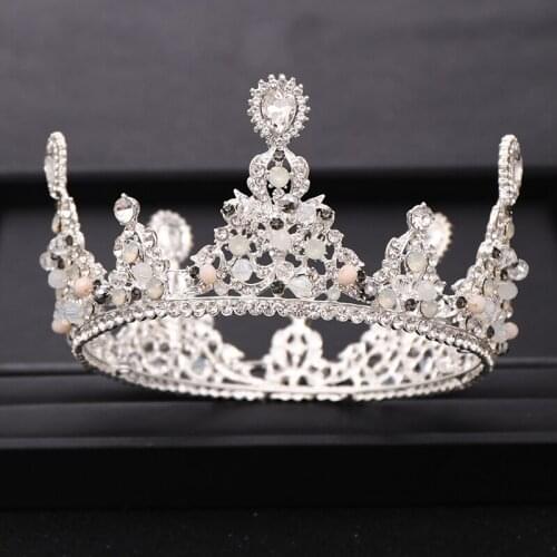 Fashion Silver color Round Baroque Crown for Wedding Tiara Headpiece Handmade Beading Women Hair Jewelry Bridal Hair Accessories