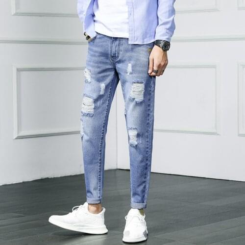 Men casual jeans Spring and Autumn New Fashion Washed Distressed hole Slim Jeans Male Ankle-length pants men Pencil Pants