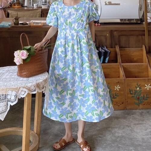 Limiguyue Summer Women O-neck Pleated Floral Dress Puff Sleeve Slim Waist A-line Dress Vestidos Loose Boho Midi Sundress K2220