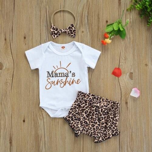 Pudcoco 3Pcs Baby Summer Outfits Letter Print Short Sleeves Romper Leopard Print Shorts Headband for Toddler Girls 0-18 Months