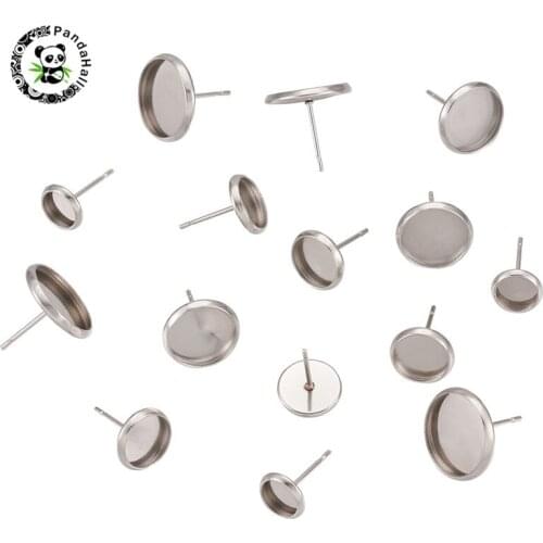 Pandahall 80pcs/Set 304 Stainless Steel Stud Earring Settings for Earrings Findings Ear Stud Components Stainless Steel Color