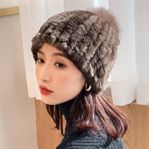 Lantafe Hat Winter Hats For Women Hat Knit Cap Fox fur Ball Decoration Real Rex Rabbit Fur Fluffy Hair Pretty Cute Style