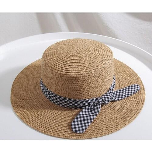 British retro Flat Top Straw Hat Plaid Bow Boater Beach hat Womens Summer Wide Brim Fedora Panama Straw Travel Sun Cap Gorras