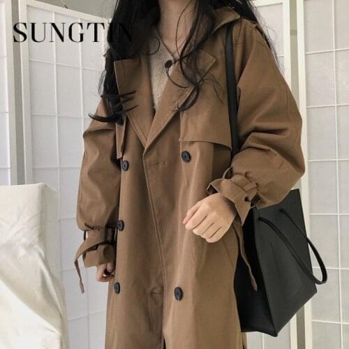 Sungtin Chic Sashes Double Breasted Long Trench Women Loose Korean Long Sleeve Windbreaker Fashion Casual Designer Outwear BF