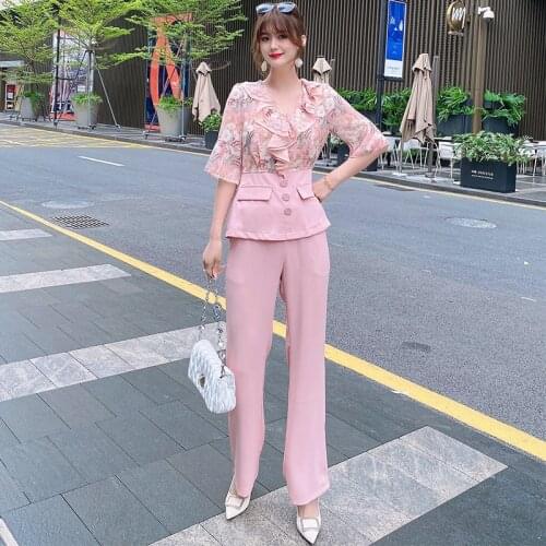 High Street Women Sets New Summer Printed Chiffon V-Neck Shirt Tops + Trousers Casual Chic Workplace Fashion Two-Piece Suit