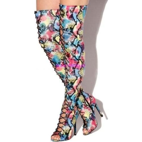 Sexy Mixed Colors Print Leather Over The Knee Thigh High Boots Peep Toe Lace-up Front Women High Boots Plus Size Ridding Boot
