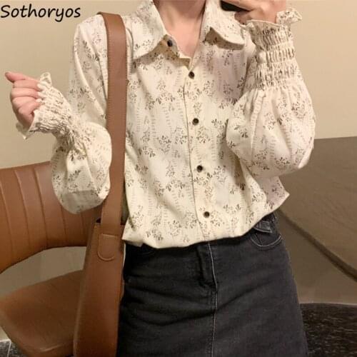 Shirts Women Long Sleeve Printed Chiffon Loose Casual Drape Flare Sleeve Single Breasted Retro Chic Trendy Elegant Office Lady