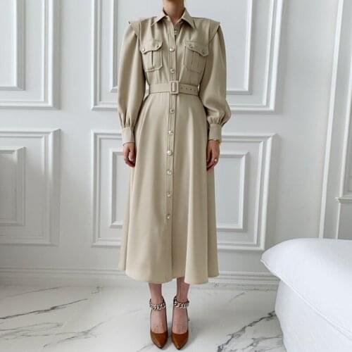 Autumn Women Long Shirt Dress With Belt Loose Long Sleeve Single Breasted Korean Fashion Office Lady Midi Dresses Vintage