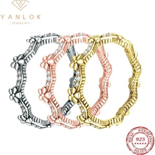 YANLOK Fashion Authentic 925 Sterling Silver Flower Poetic Daisy Cherry Blossom Finger Ring for Women Clear CZ Fine Jewelry