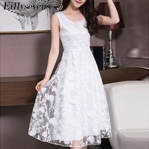 Women Lace White Dress Sleeveless O-neck Dresses Female Solid Slim Dress Woman Elegant Mid-calf Dress Lady Vestidos De Verano