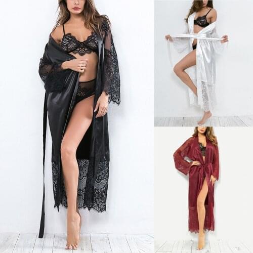 XXL Large Size Women Long Sleeve Lace Robe Dress Sexy Soft Satin Exotic Apparel Pajamas Underwear Satin Silk Belt Slim Lingerie
