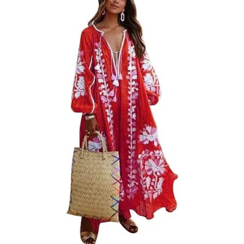 Women Summer Dress Fashion Vintage Deep V Neck Lantern Sleeve Ethnic Floral Print Loose Long Dress платье 2021