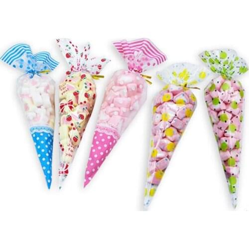 100pcs Cone-Shaped Treat Popcorn Bags Cellophane Candy Bags With Twist Ties Triangular Plastic Gift Bags