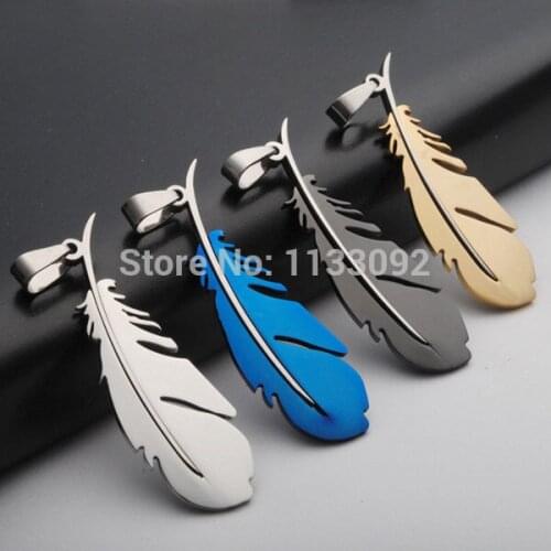 12pcs/lot Mix 4 colors european jewelry trendy jewelry new stainless steel feather pendant necklace for women men wholesale