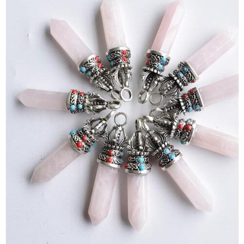Wholesale12pcs/lot fashion good quality natural pink quartz pillar charms Pendants for jewelry accessories marking free shipping