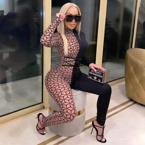 2021 Long Sleeve Turtleneck Color Block Patckwork Bandage Bodycon Jumpsuit Autumn Winter Women Sexy Party Club Outfits Rompers