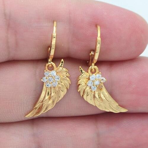 AAA+ Cubic Zirconia Gold Color Women Fashion Clear White CZ Angel Wings Dangle Earrings Jewelry