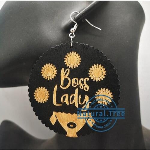 Free shipping! Engraved black Boss lady Wooden Earrings