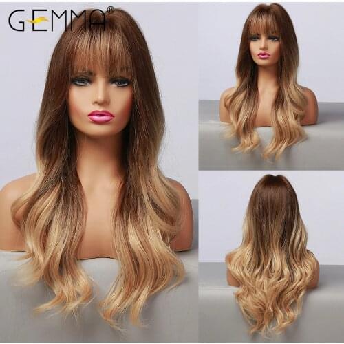 GEMMA Long Ombre Brown Golden Womens Wigs with Bangs Water Wave Heat Resistant Cosplay Synthetic Wigs for Women African American