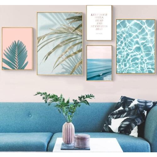 Watercolor palm tree leaves blue sea landscape wall Art canvas painting nordic posters and prints wall pictures for