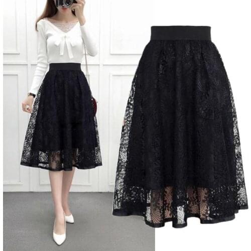 Lace Pleated Skirt Womens Summer A- line Skirt High Waist over Knee Skirt Spring and Autumn Dress Woman Skirts Faldas Jupe